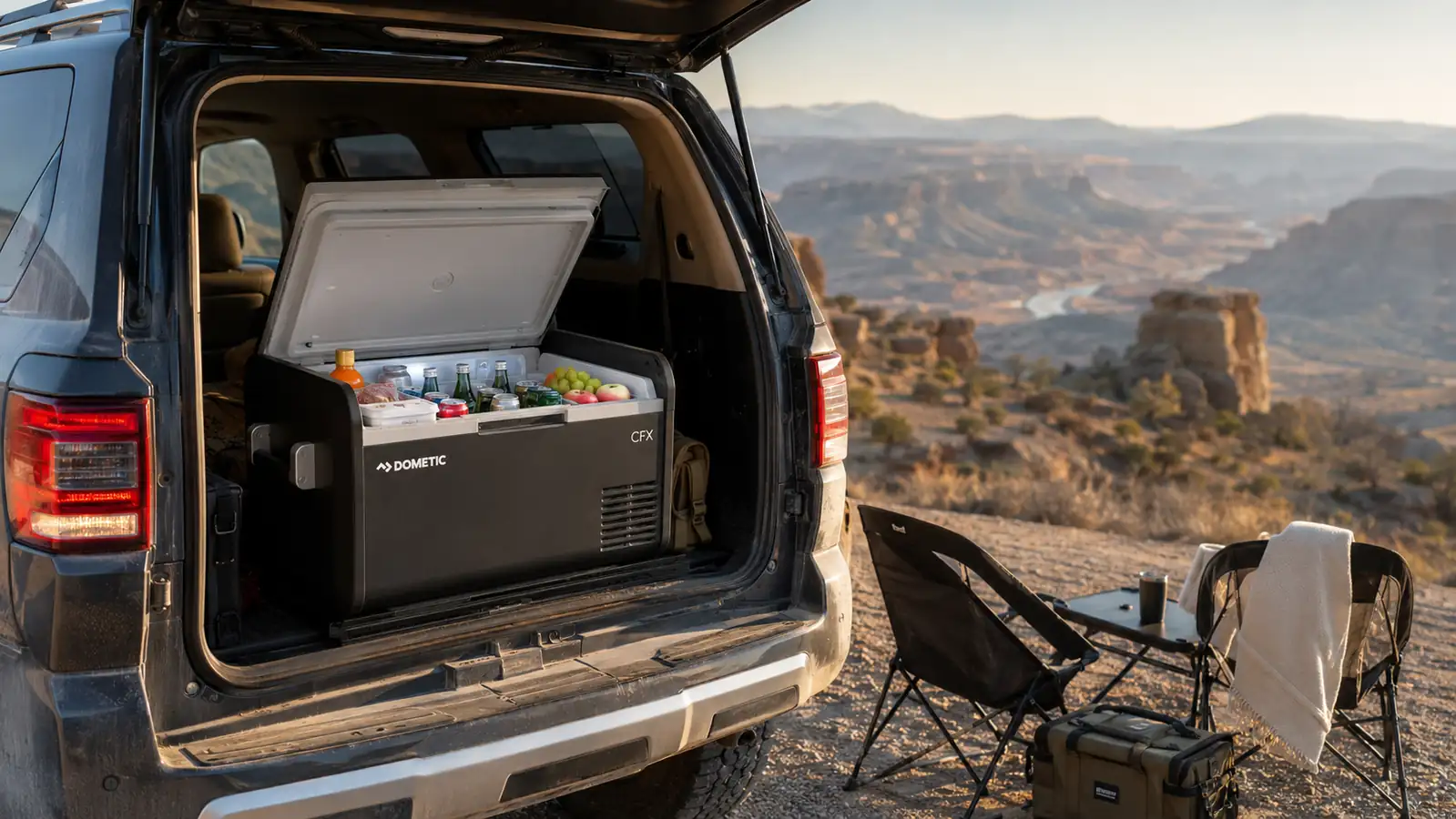 A 12V compressor fridge sitting open in the cargo area of an SUV at a campsite, packed with drinks and food