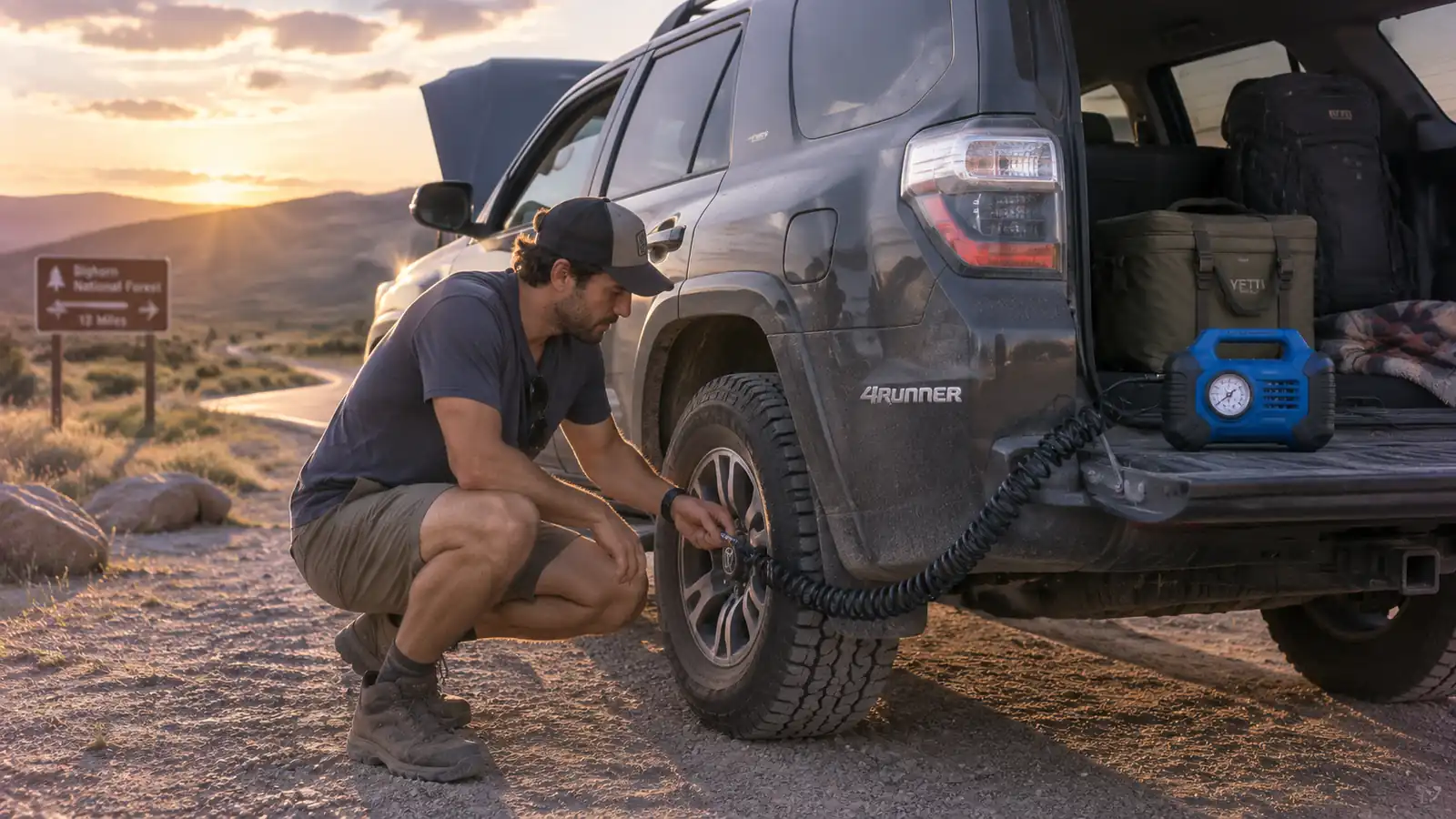 A portable tire inflator sitting on the tailgate of an SUV next to a tire, cord running to the front cabin, at a rural pullout