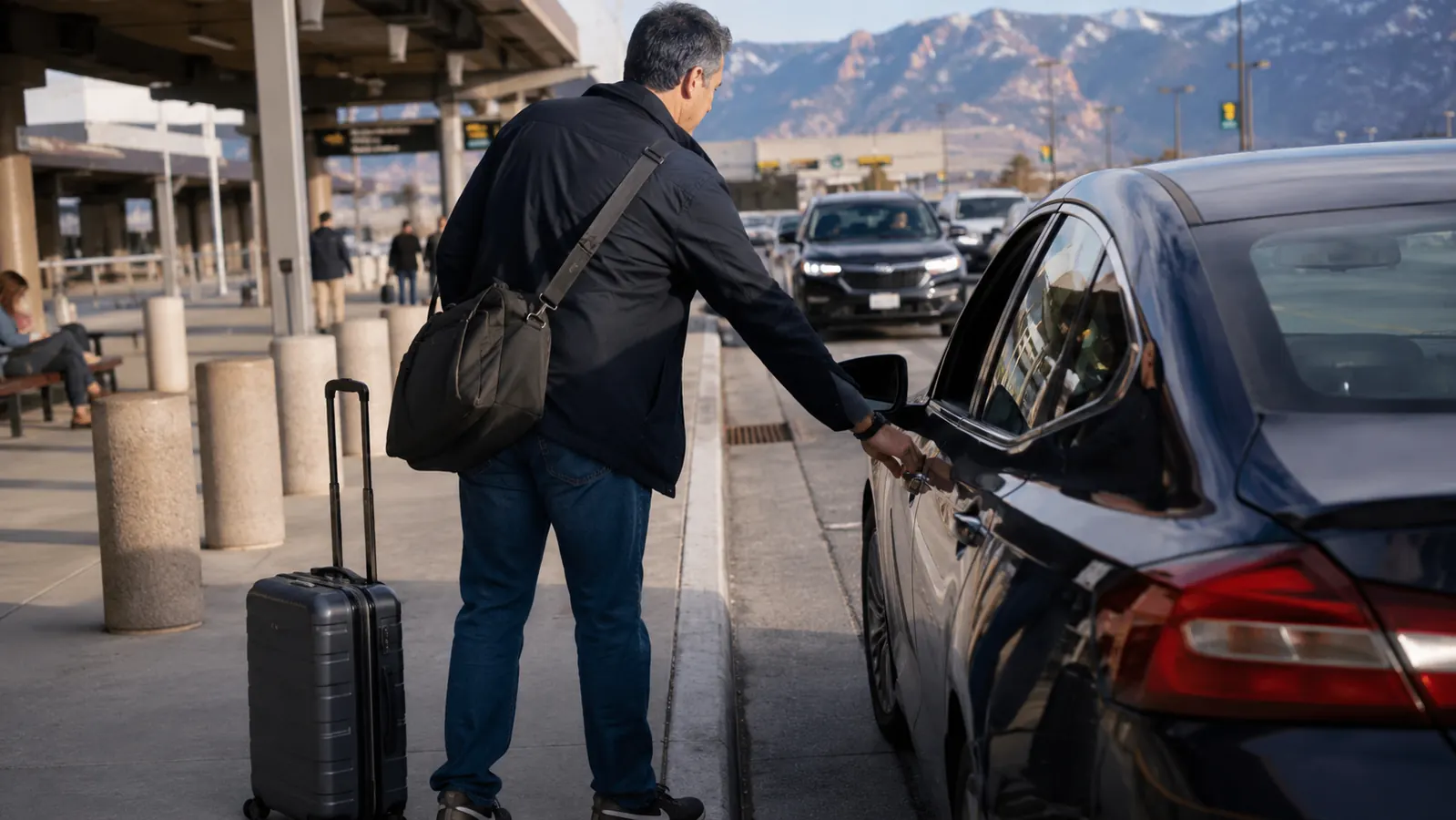 Traveler stepping into a rideshare car at the airport curb with a hardside carry-on already in hand, no baggage claim in sight