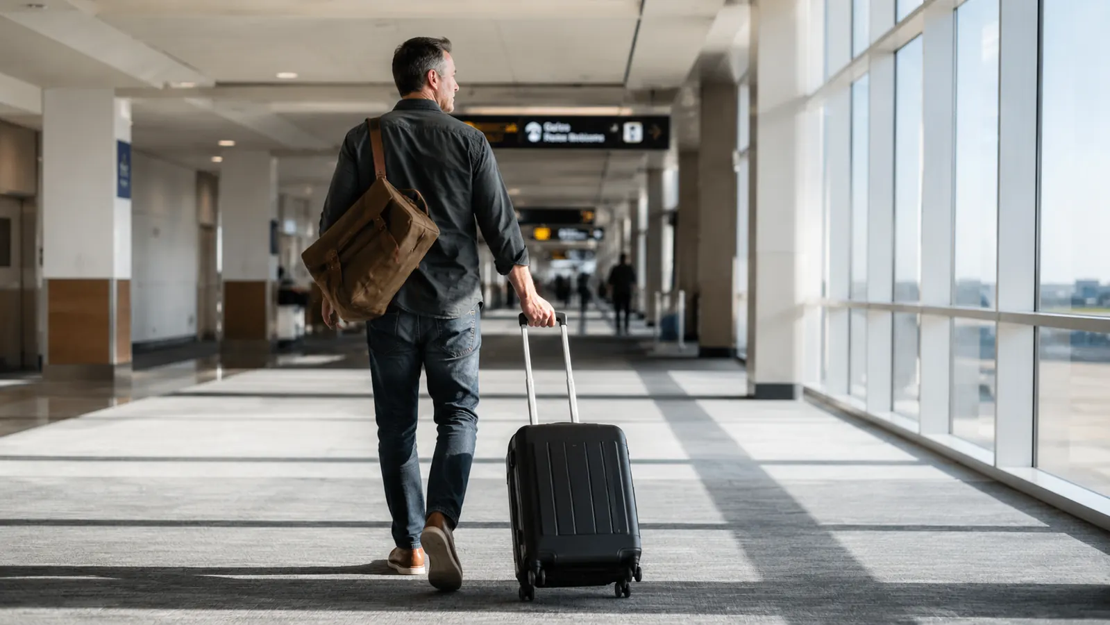 Traveler pulling a black hardside spinner carry-on through a bright airport terminal in the early morning
