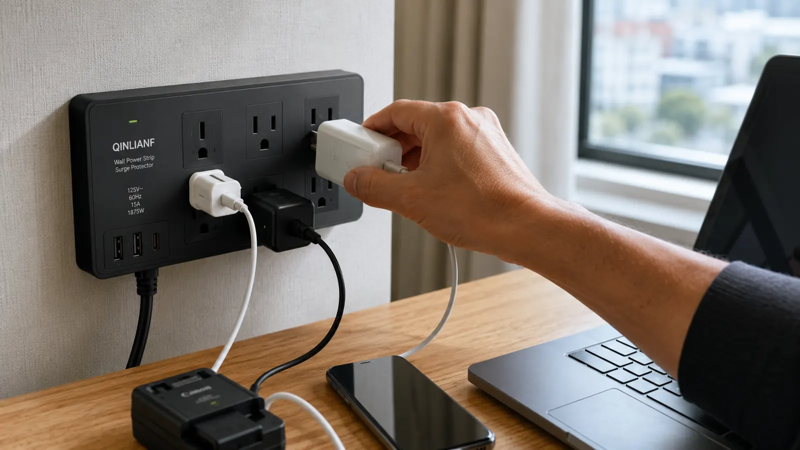 Hand plugging a laptop charger into the QINLIANF power strip mounted flat against a hotel desk