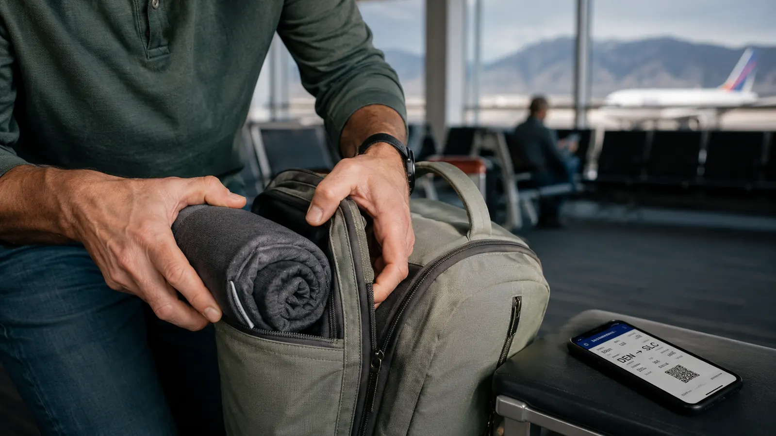 Traveler folding a compact footrest and packing it into a carry-on backpack before boarding