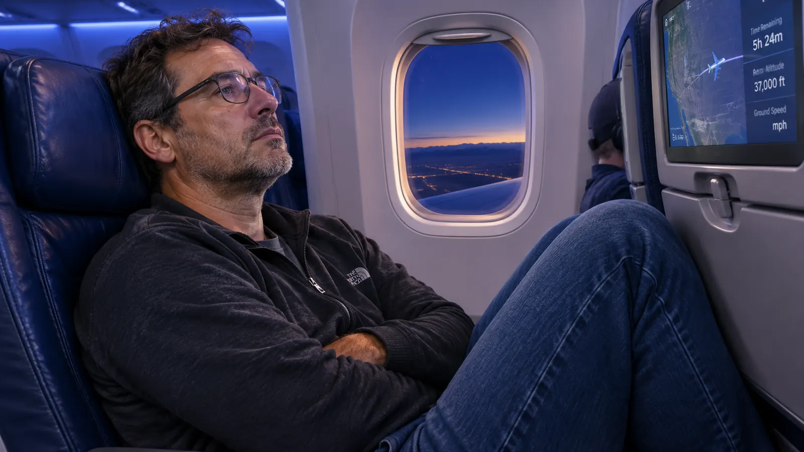 Cramped economy class cabin at night with a passenger's legs pinned under the seat in front, no footrest in sight