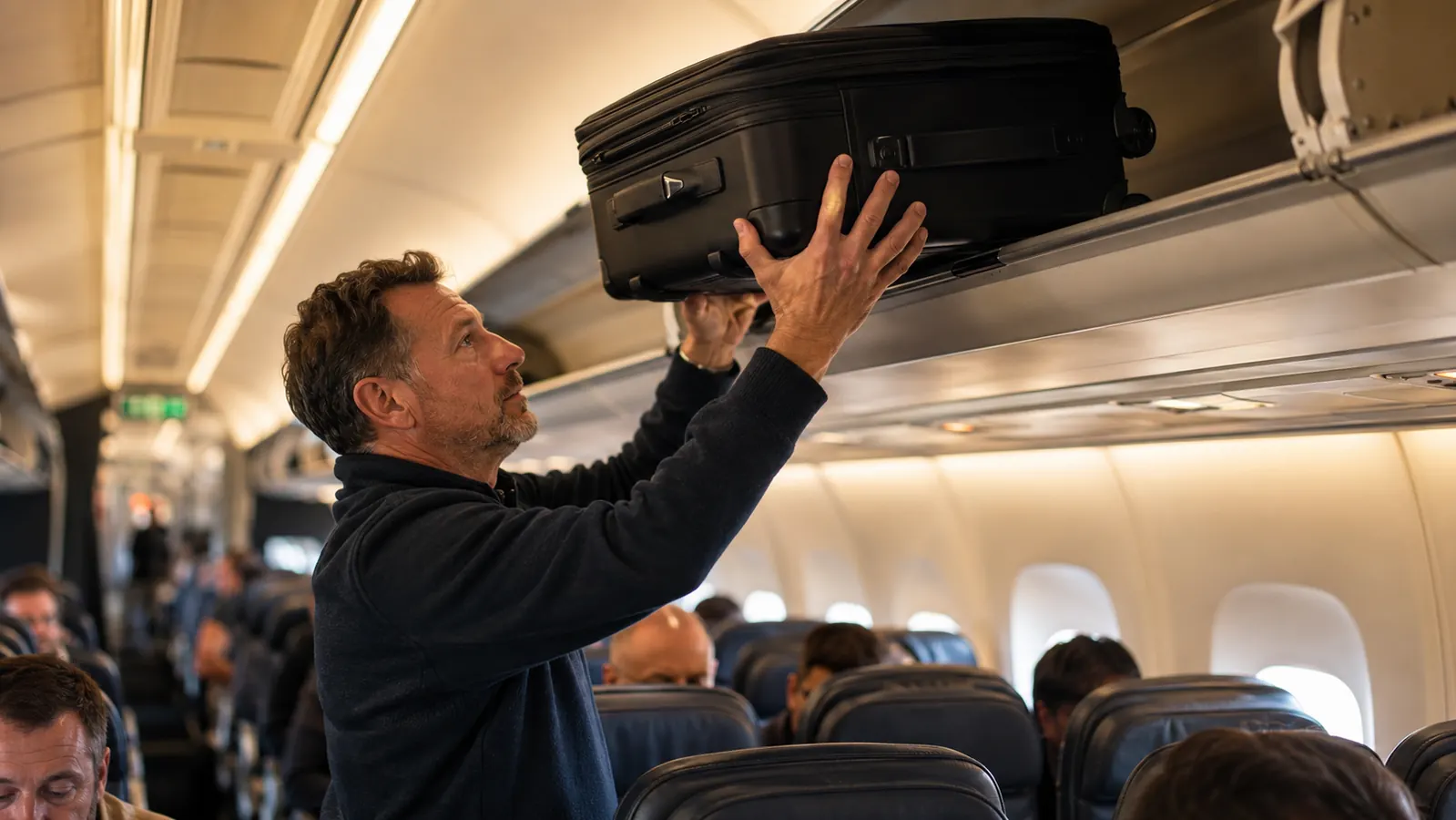 A traveler lifting a hardside carry-on suitcase into an airplane overhead bin in a narrow aisle