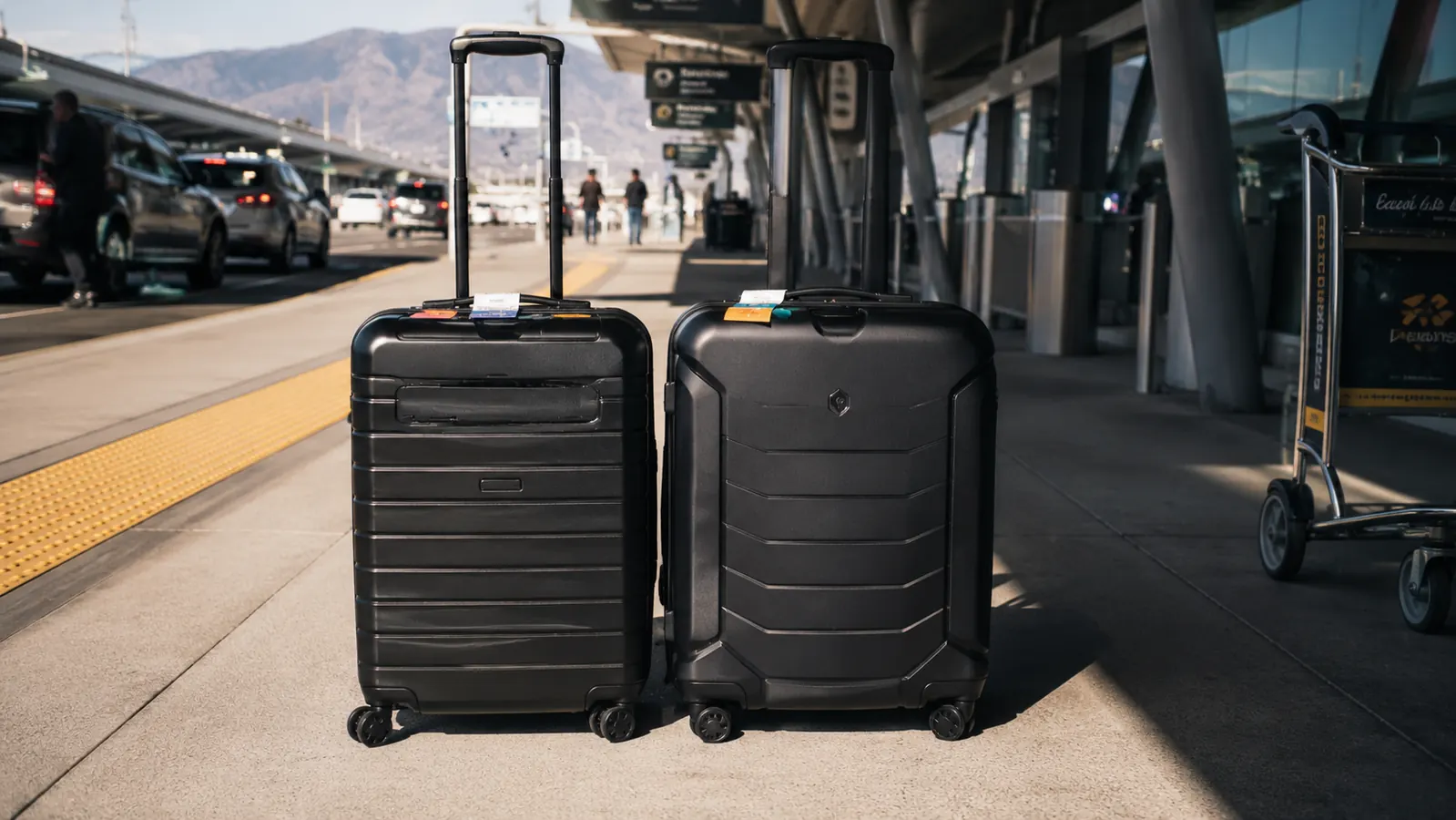 A black Amazon Basics hardside carry-on and a Samsonite Freeform carry-on standing side by side at an airport check-in curb