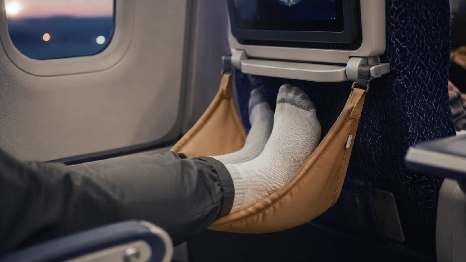 Passenger's feet resting on the Angemay memory foam hammock footrest hung from an airplane tray table