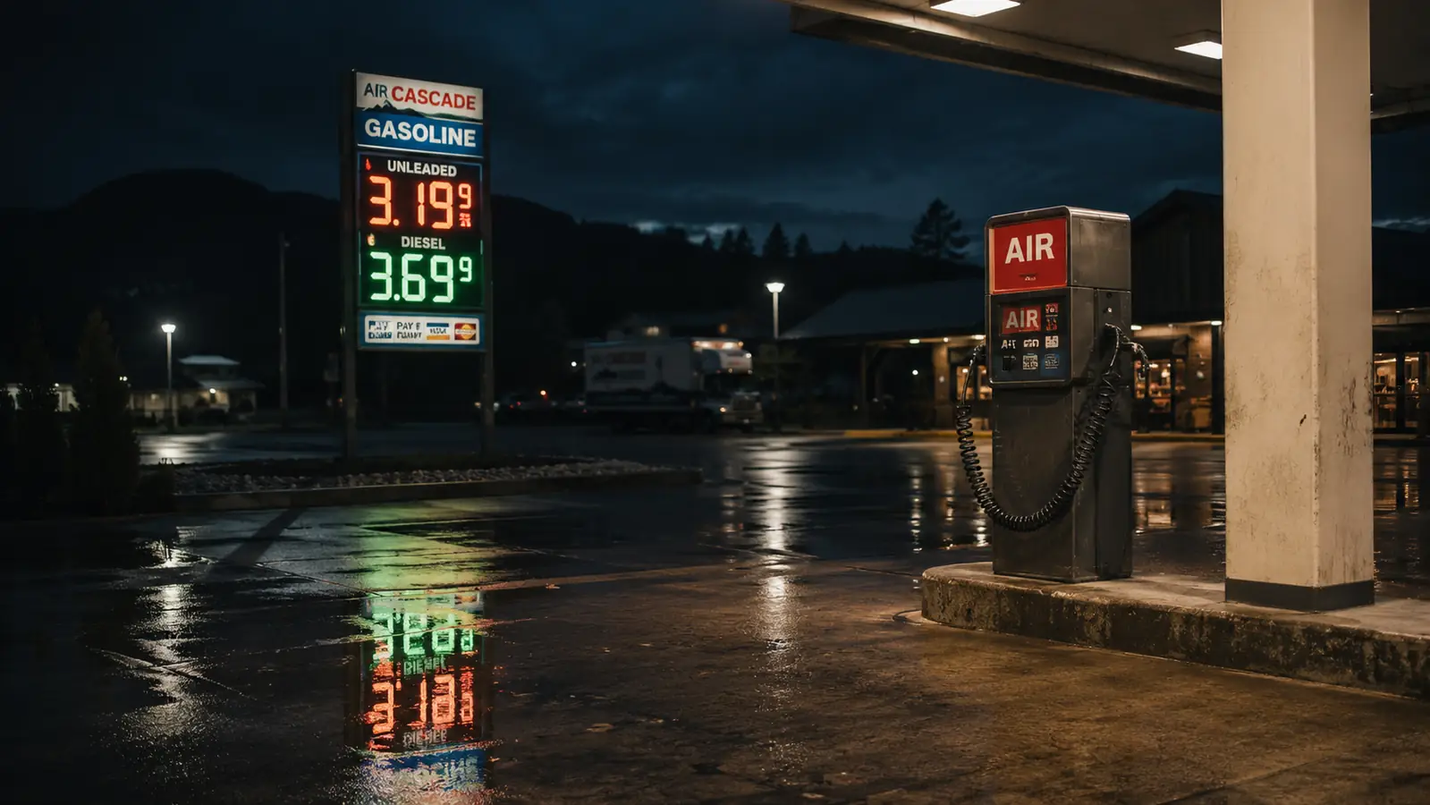 A dark, empty gas station forecourt at night with a coin-operated air pump station and no cars around