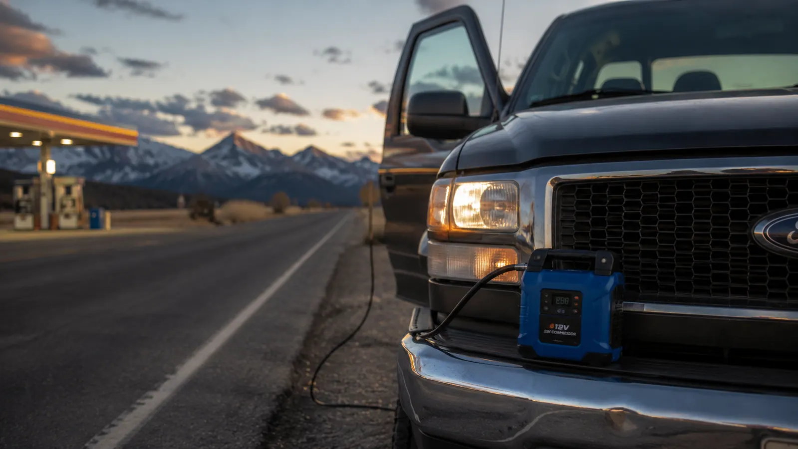 A blue AstroAI portable tire inflator plugged into a 12V outlet next to a Toyota 4Runner parked on the highway shoulder at dusk