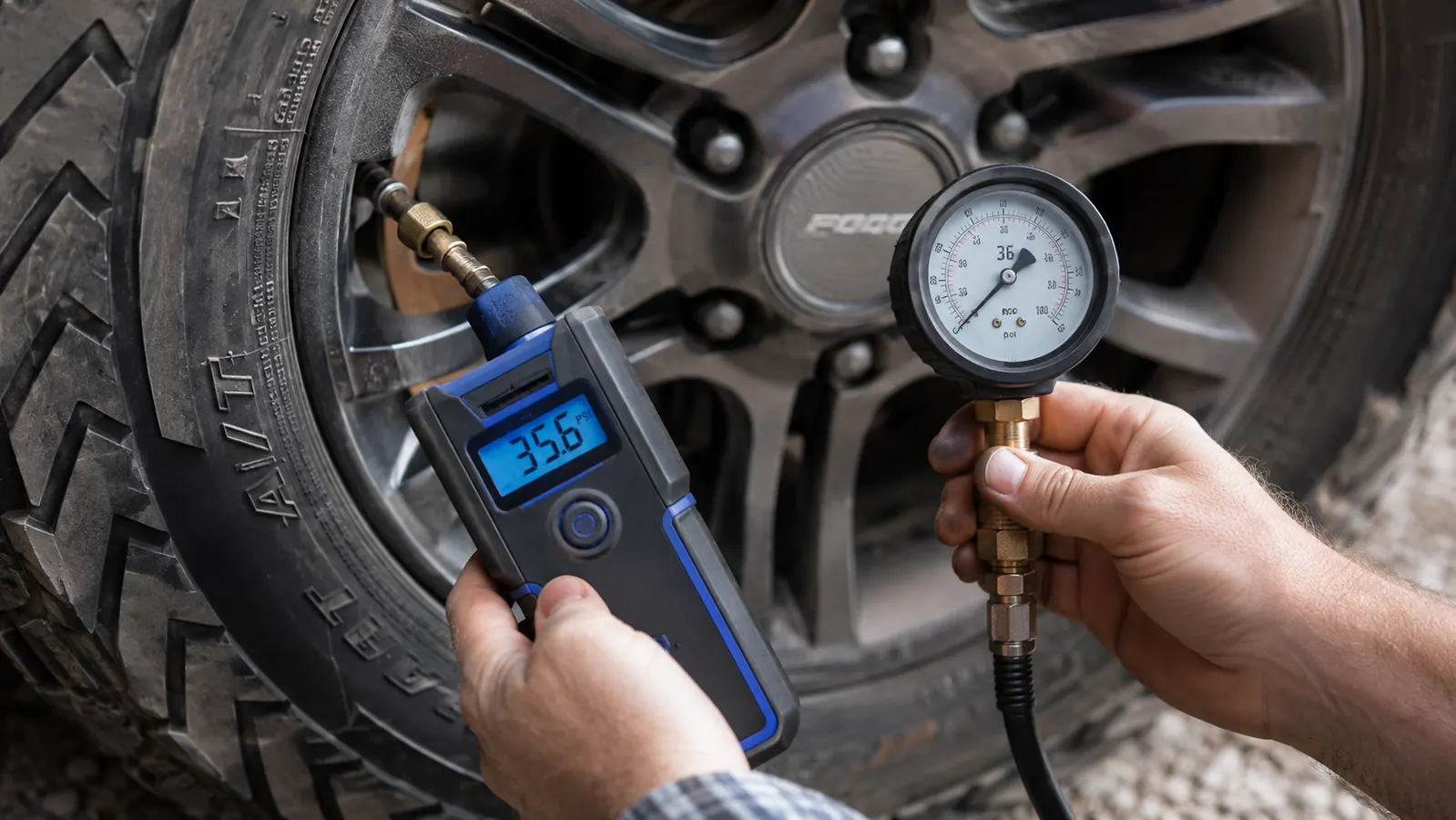 Close-up comparison of the inflator's digital gauge reading next to a separate handheld dial gauge on the same tire