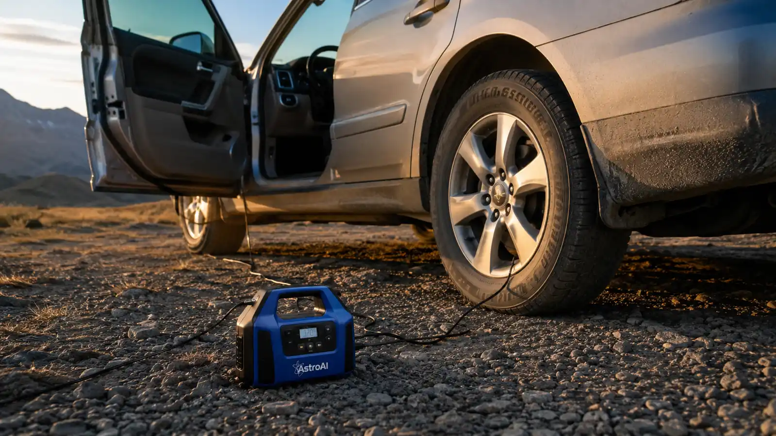 AstroAI portable tire inflator sitting on a gravel shoulder next to a 4Runner's front tire at dusk