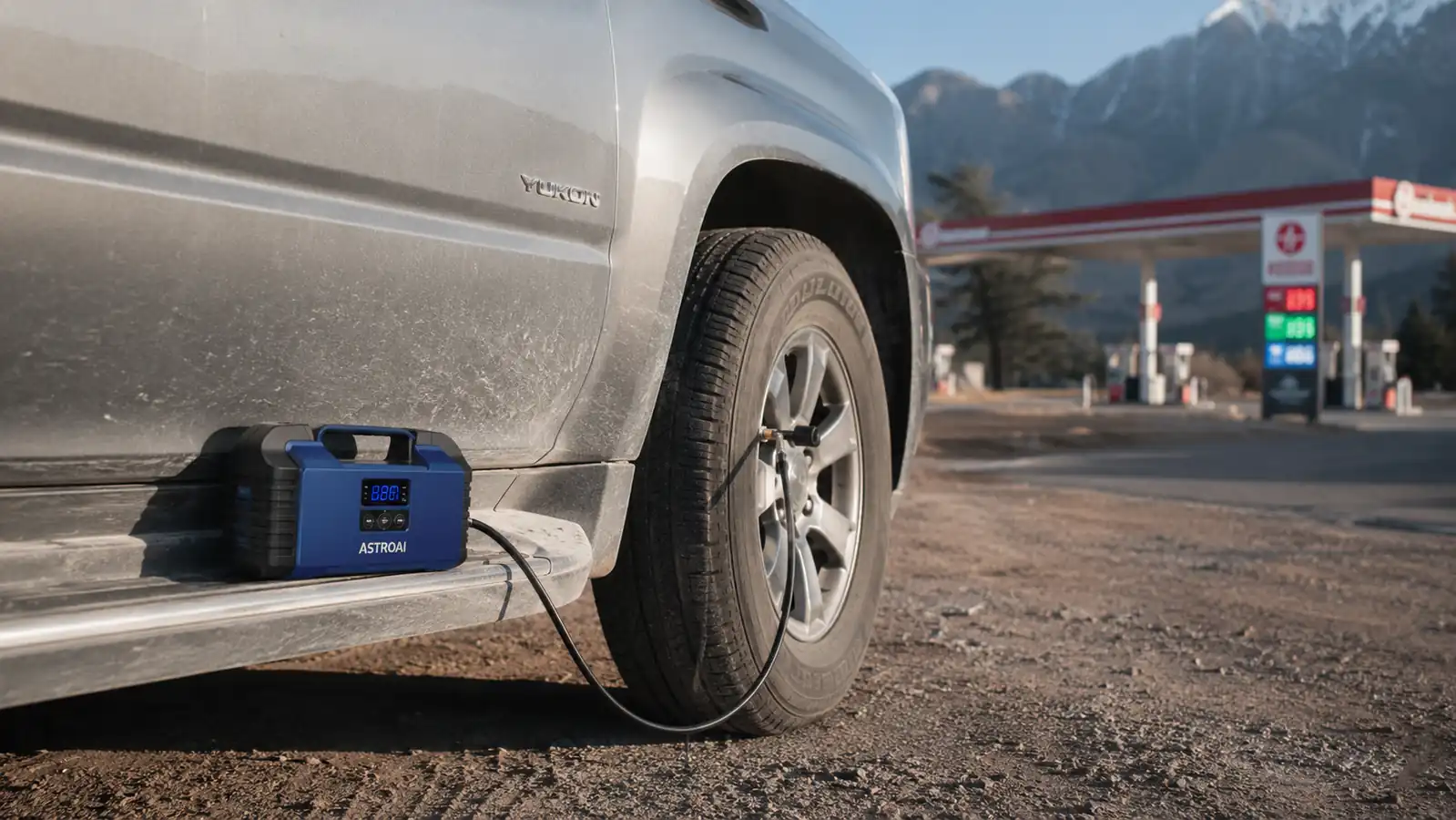 AstroAI tire inflator sitting on the running board of an SUV next to a front tire with its hose attached to the valve stem