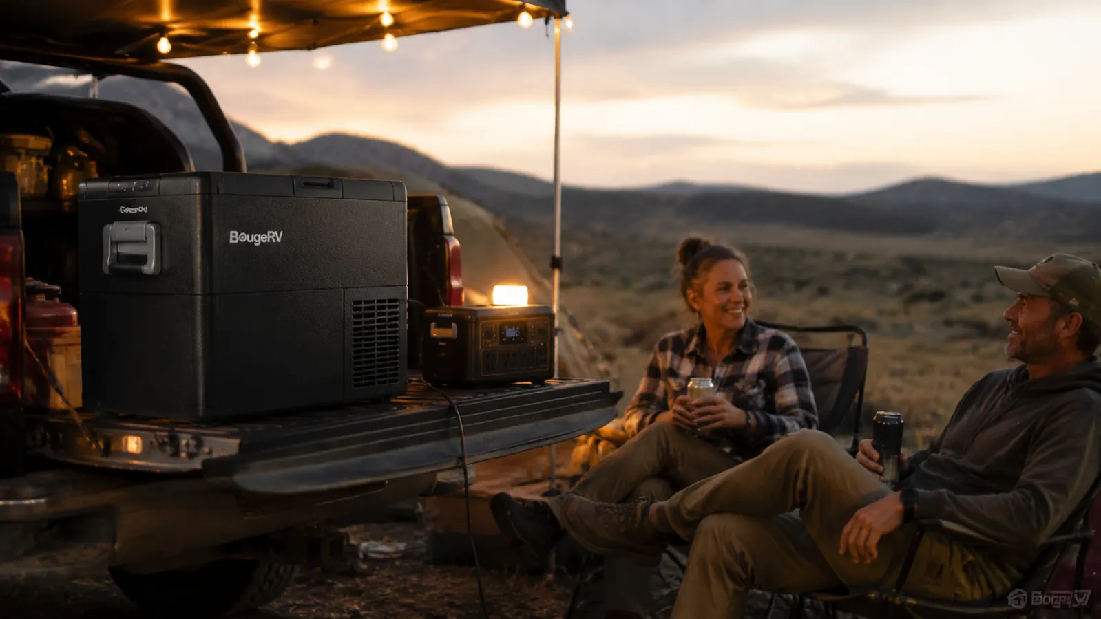 A portable fridge plugged in and glowing softly at a dusk campsite next to camping chairs, with a couple relaxing nearby
