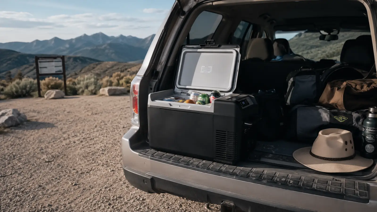 A BougeRV 12V compressor fridge and a rotomolded cooler box sitting side by side in the open cargo area of a Toyota 4Runner