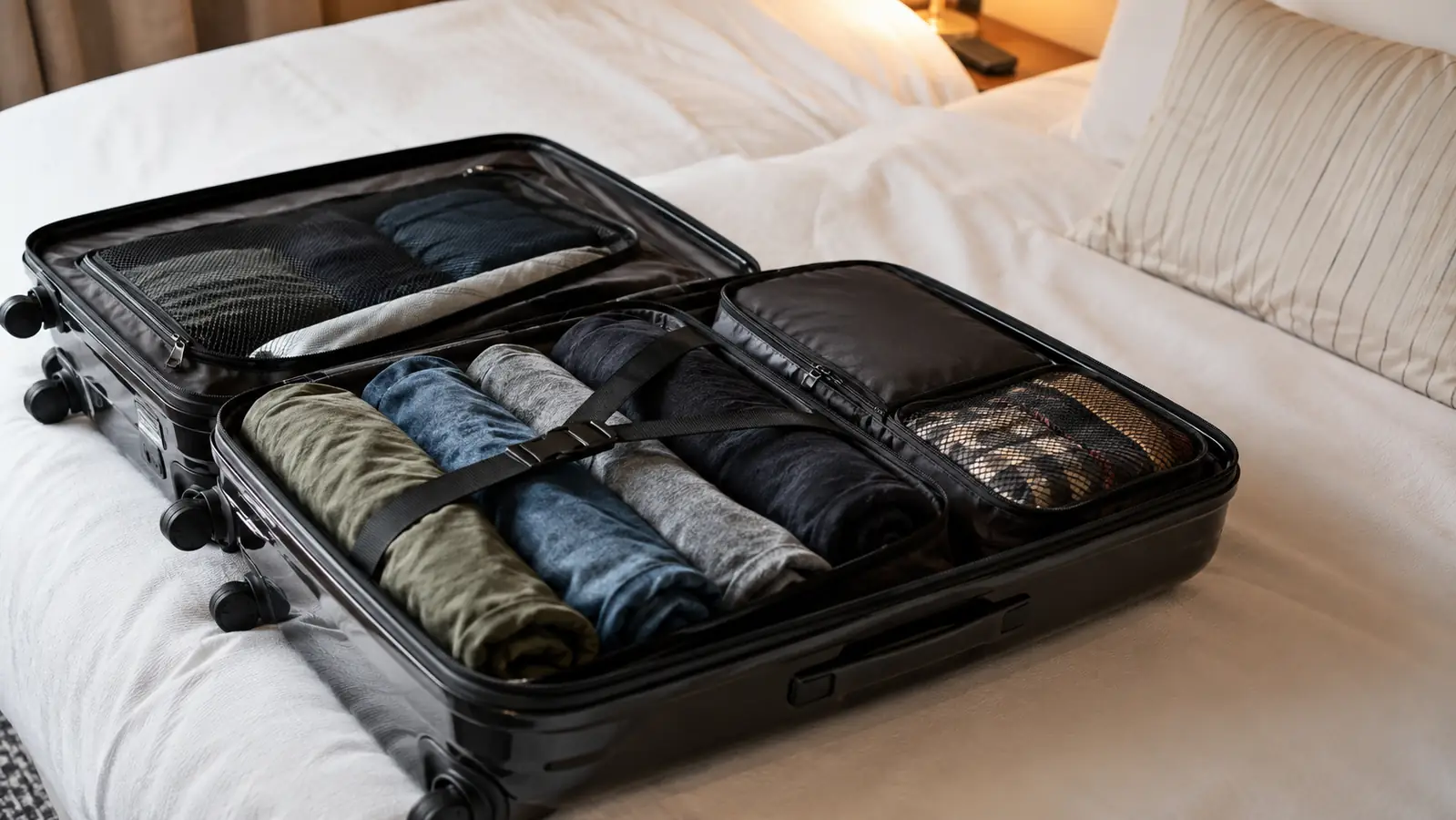An open hardside carry-on on a hotel bed, clothes rolled and packed tightly using the expandable zipper compartment