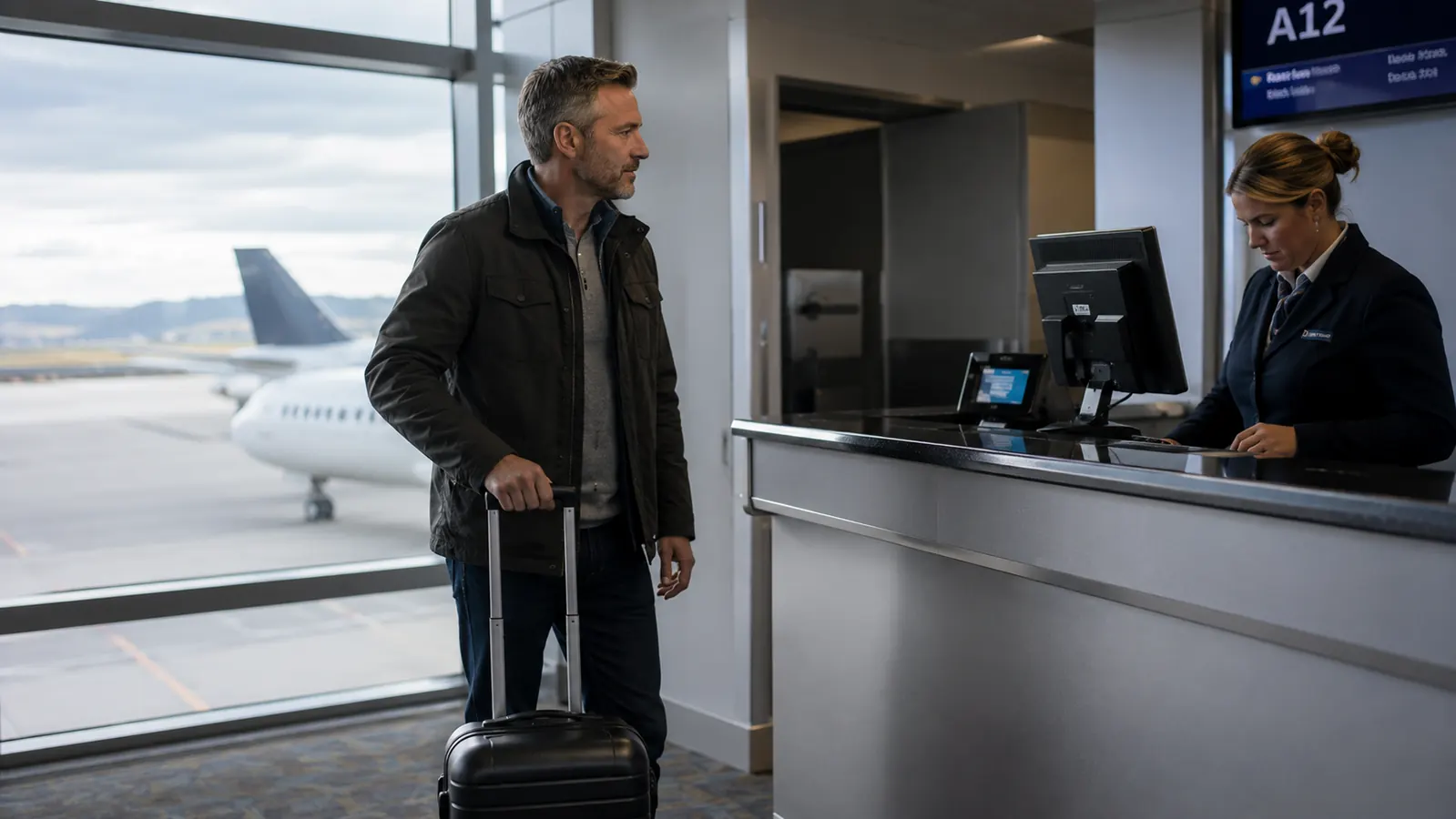 A man standing at an airport gate holding the handle of a black hardside carry-on, boarding pass in his other hand