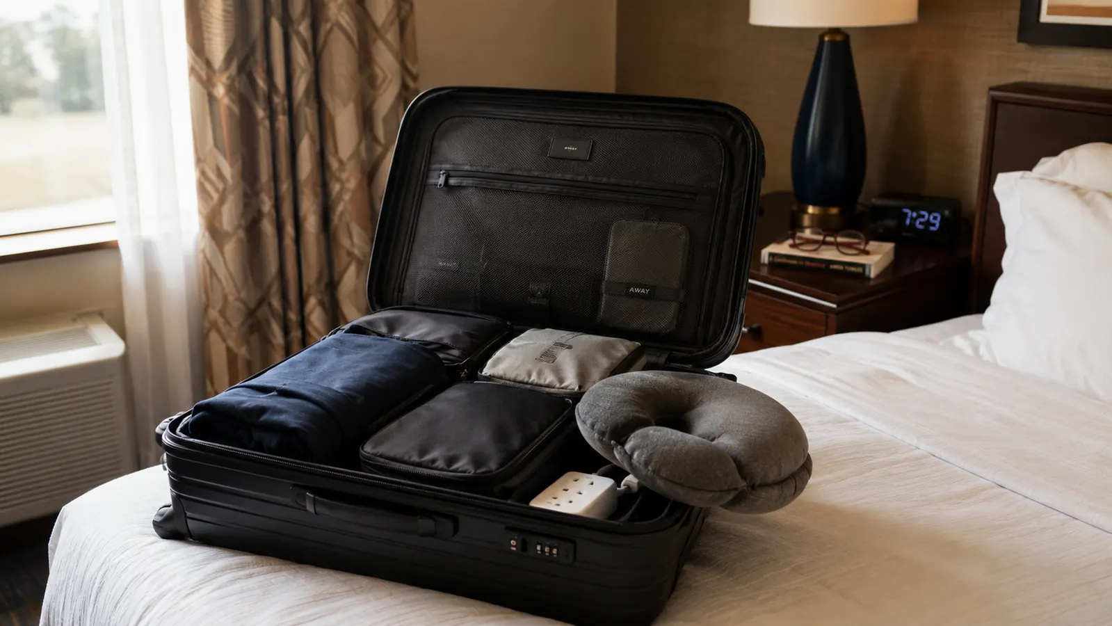 An open carry-on suitcase on a hotel bed, neatly packed with cubes, a rolled jacket, a power bank, and a neck pillow