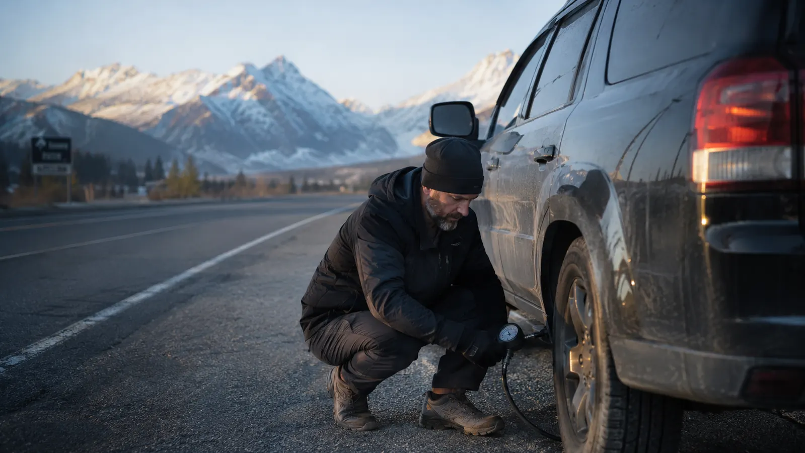A driver crouched beside the front tire of an SUV at a rest stop, pressure gauge in hand, mountains in the background