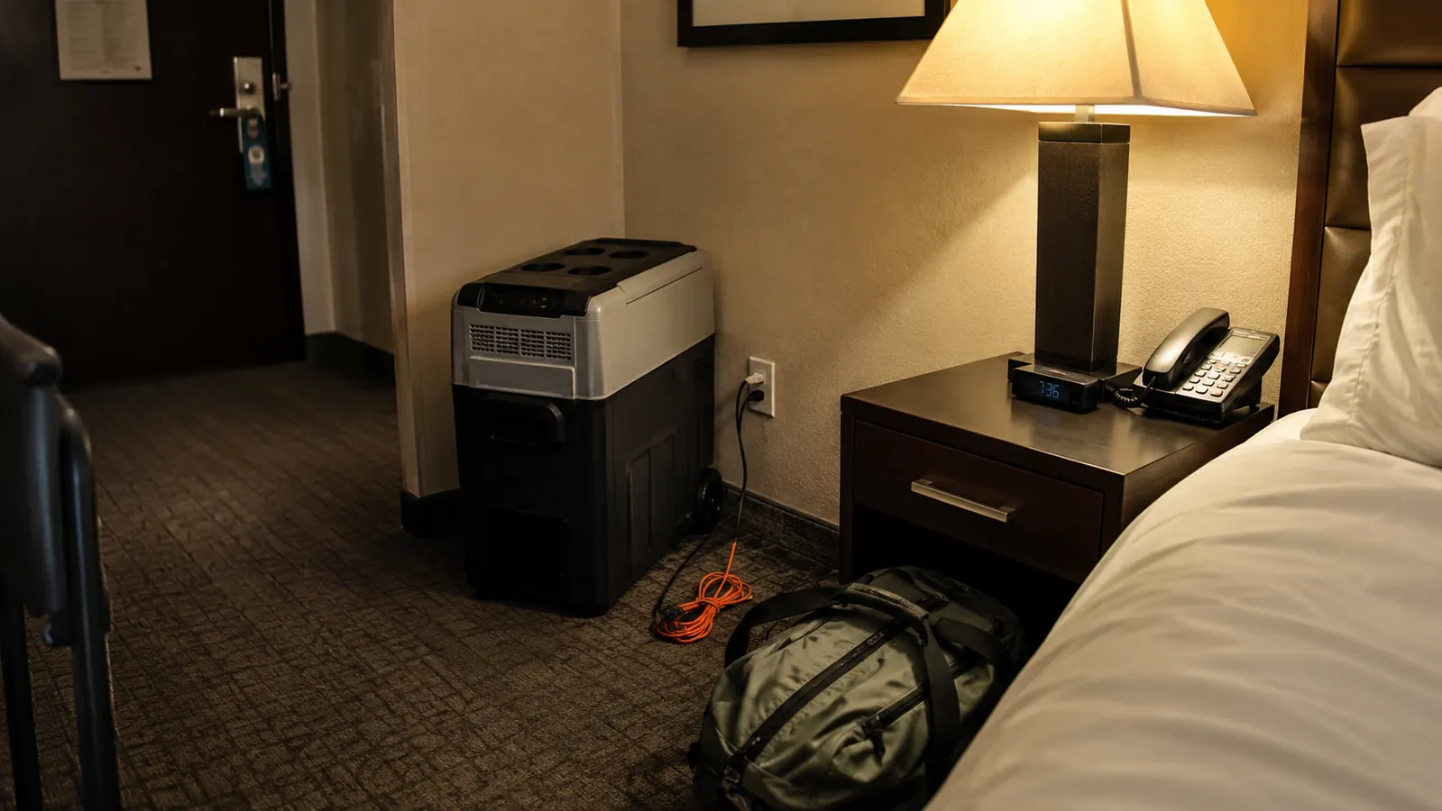 A portable 12V fridge plugged into a wall outlet in a hotel room overnight with an extension cord running to the nightstand