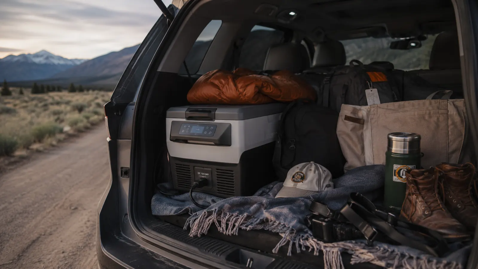 A 2018 Toyota 4Runner cargo area loaded for a multi-day road trip with a portable 12V fridge tucked against the wheel well, morning light coming through the open hatch