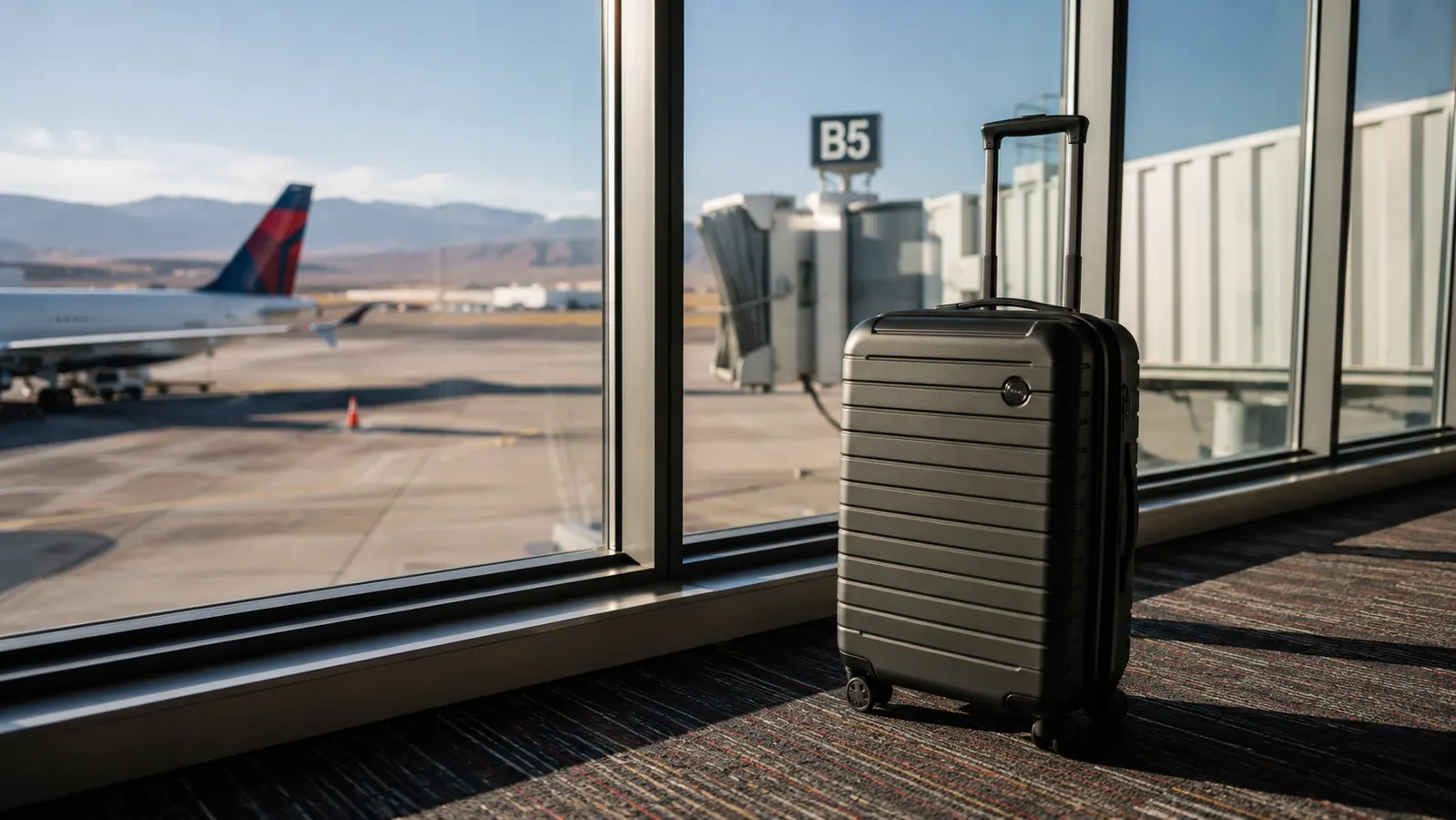 A packed hardside carry-on suitcase standing upright next to an airport gate window