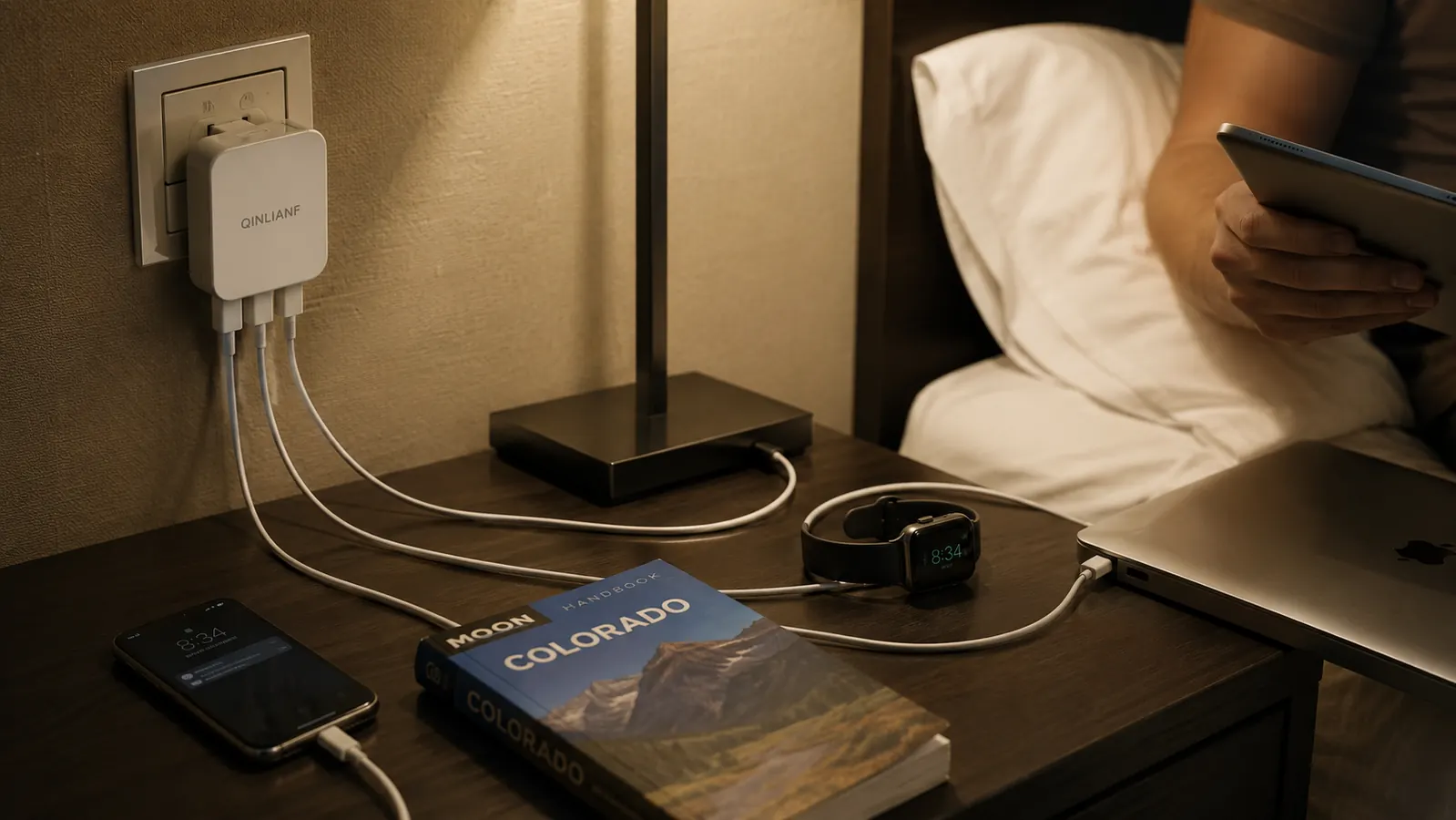 QINLIANF power strip plugged into a hotel nightstand outlet with a phone, tablet, and laptop cable running to it under warm lamp light