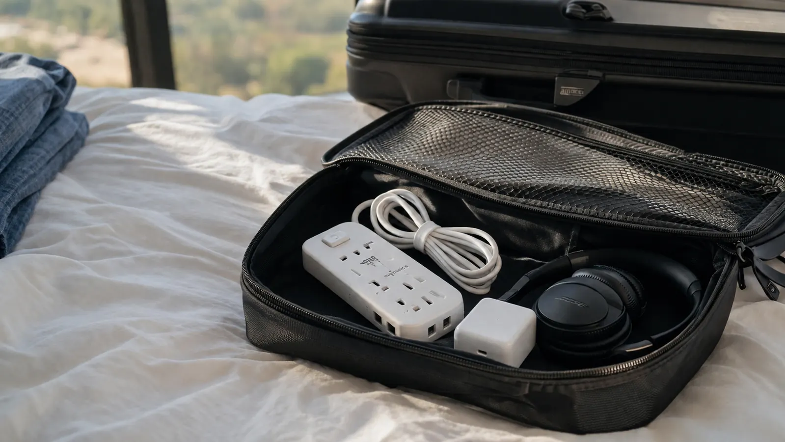 Power strip and its flat cord coiled next to a phone charger in an open packing cube on a hotel bed