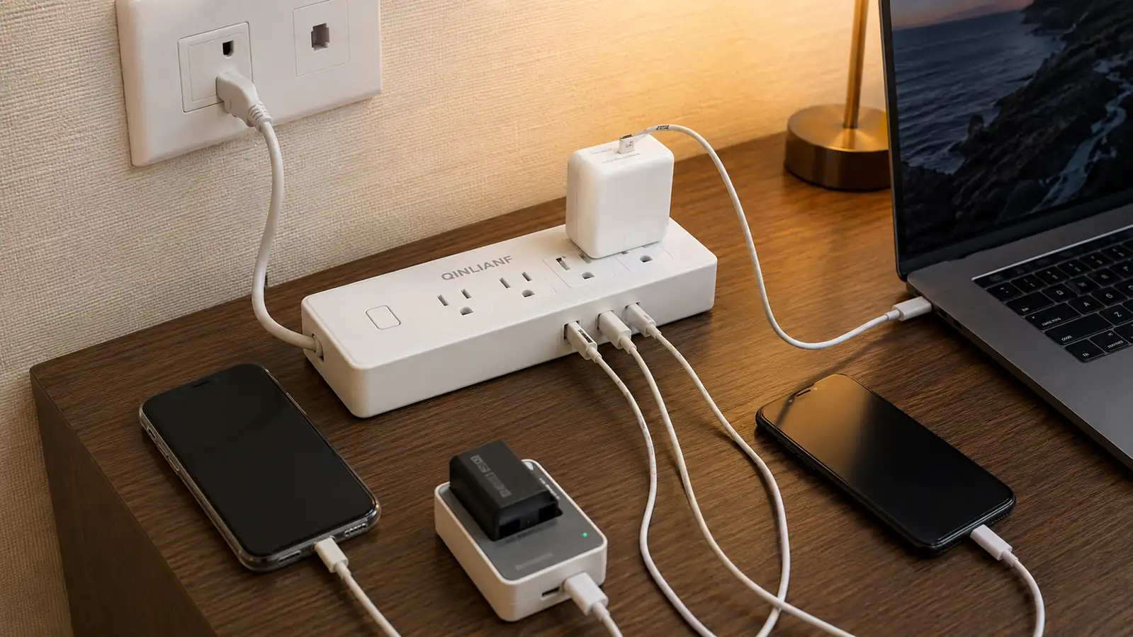 Close-up of a hand plugging a phone charger into one of the QINLIANF power strip's USB ports while a laptop charges from an AC outlet on the same strip