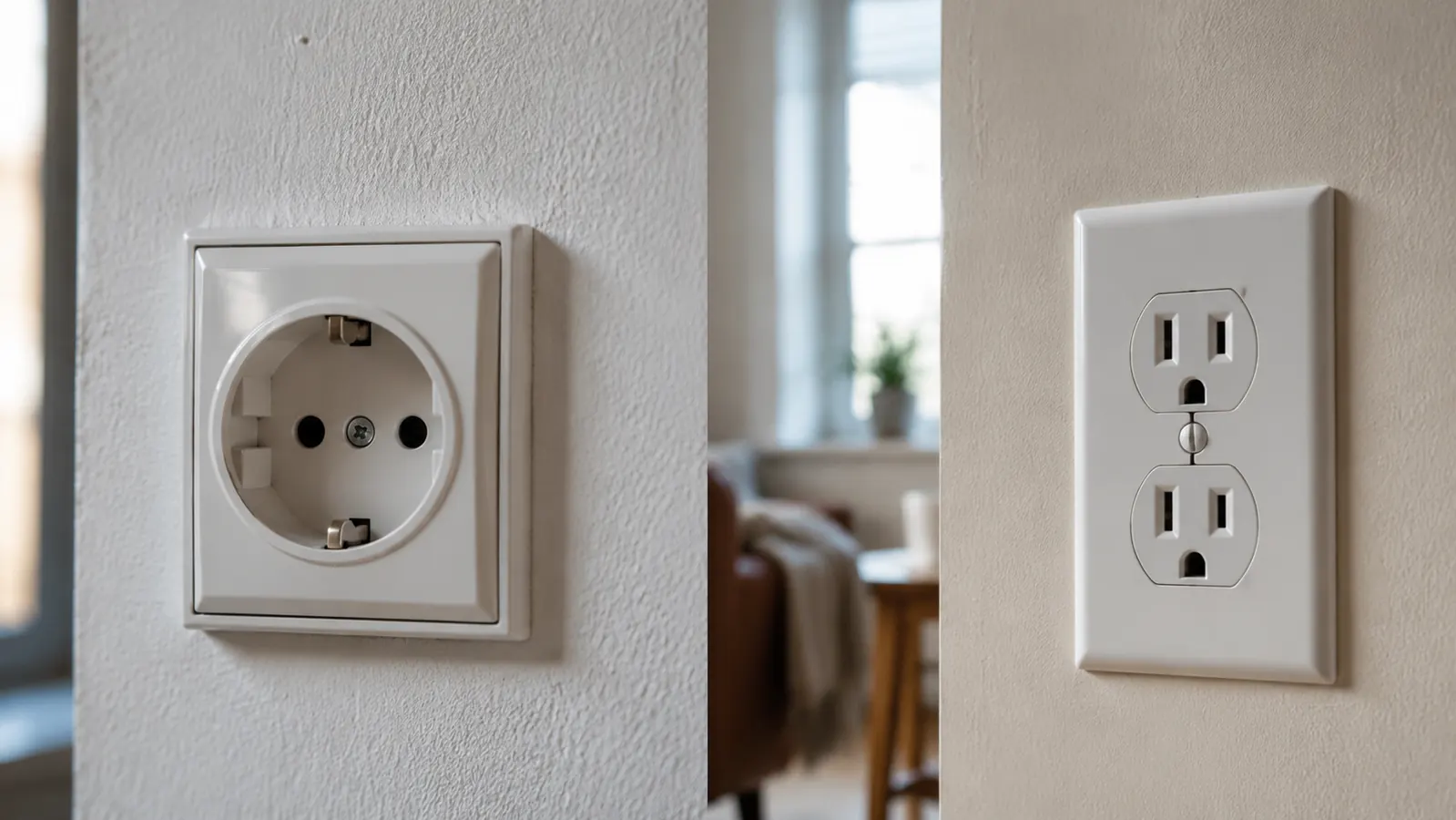 A European wall outlet with round two-pin sockets next to a US-style wall outlet with flat three-prong sockets, side by side for comparison