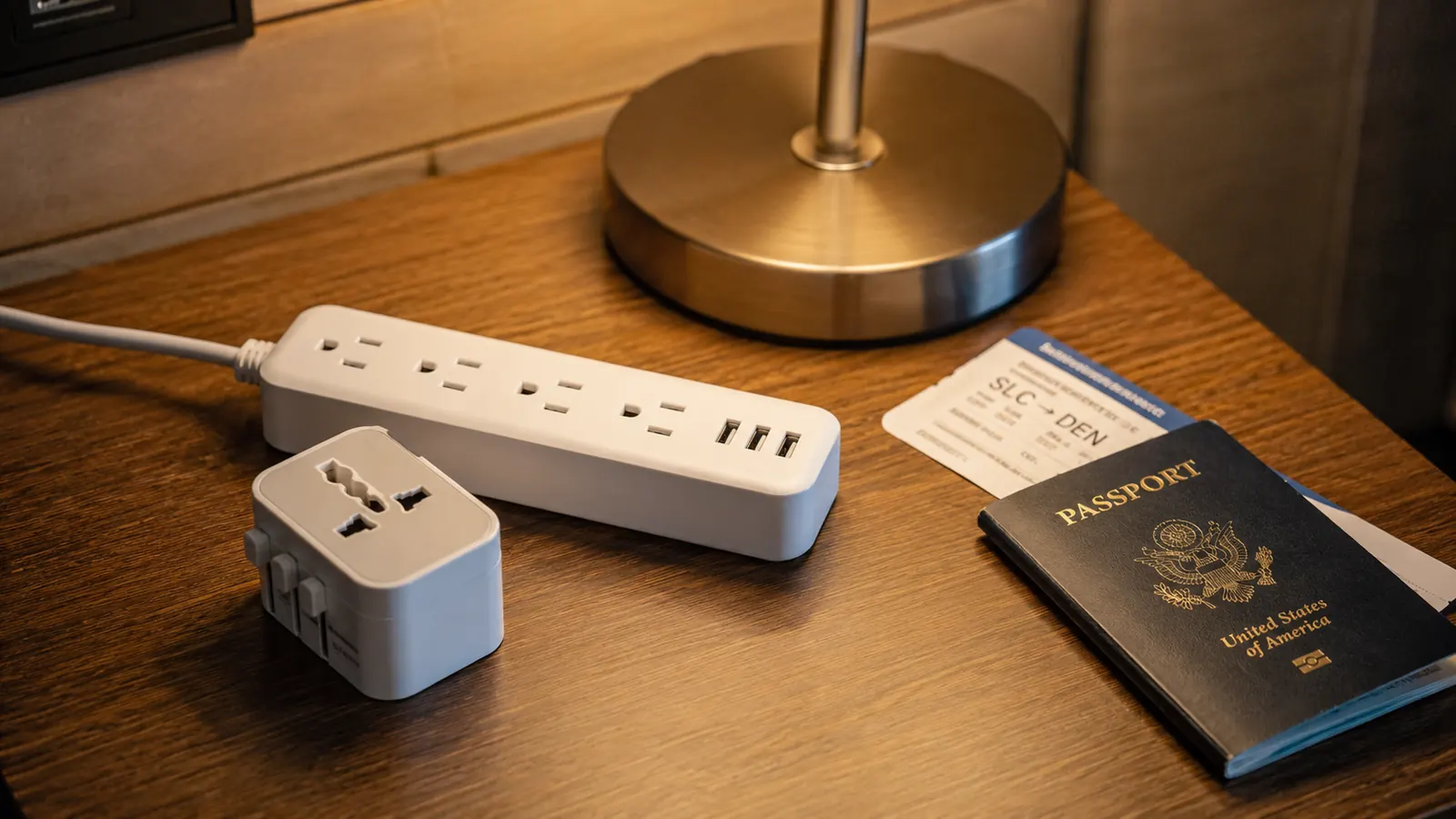 A white QINLIANF power strip and a small plug adapter sitting side by side on a hotel nightstand next to a passport and boarding pass