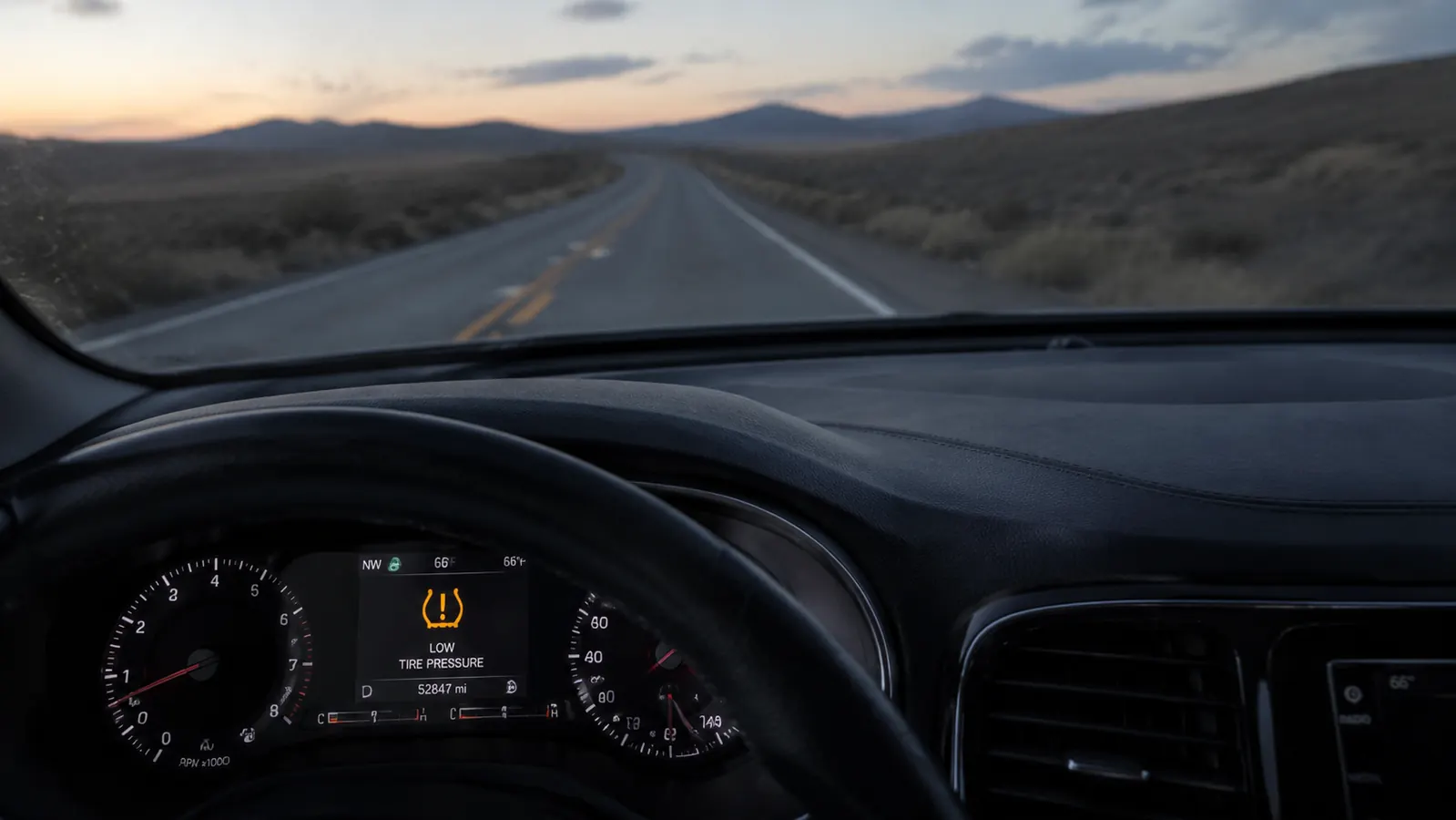 A dashboard tire pressure warning light glowing amber on a long empty highway with sagebrush hills stretching to the horizon